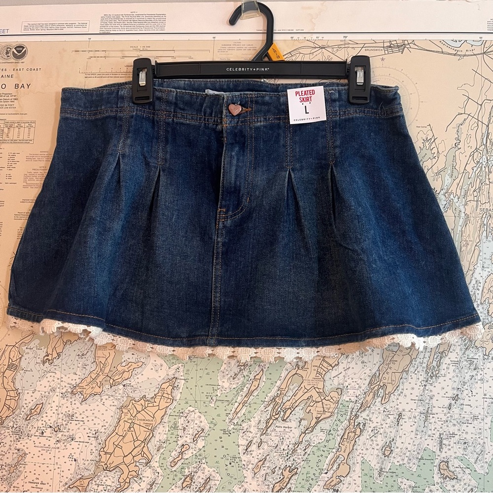 NWT!  Pleated Skirt By Celebrity Pink Skirt Size L Denim Pleated Lace Hem Mini